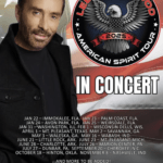 A promotional poster for "Lee Greenwood American Spirit Tour " featuring a man in a black shirt A list of concert dates and locations is displayed, along with achievements like CMA, ACM, and Grammy awards An eagle logo is featured at the top